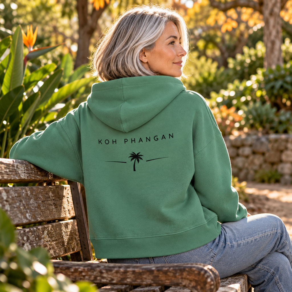 Green Bay Damen Bio Boxcut Hoodie mit Koh-Phangan-Backprint im botanischen Park