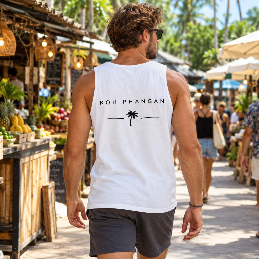 Weißes Bio Tank Top mit Koh-Phangan-Minimal-Backprint auf einem Sommermarkt