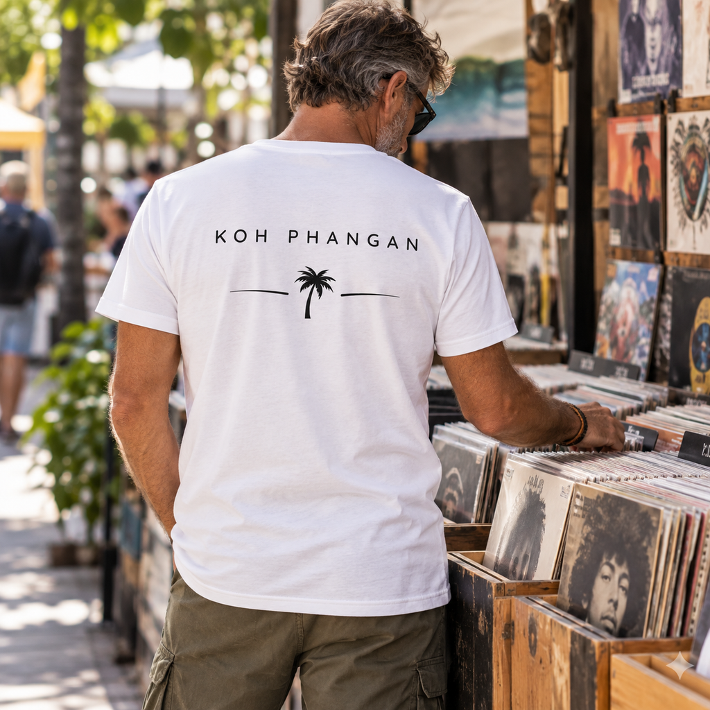 Weißes Herren Bio V-Neck Shirt mit Koh-Phangan-Minimal-Backprint an einem Plattenstand
