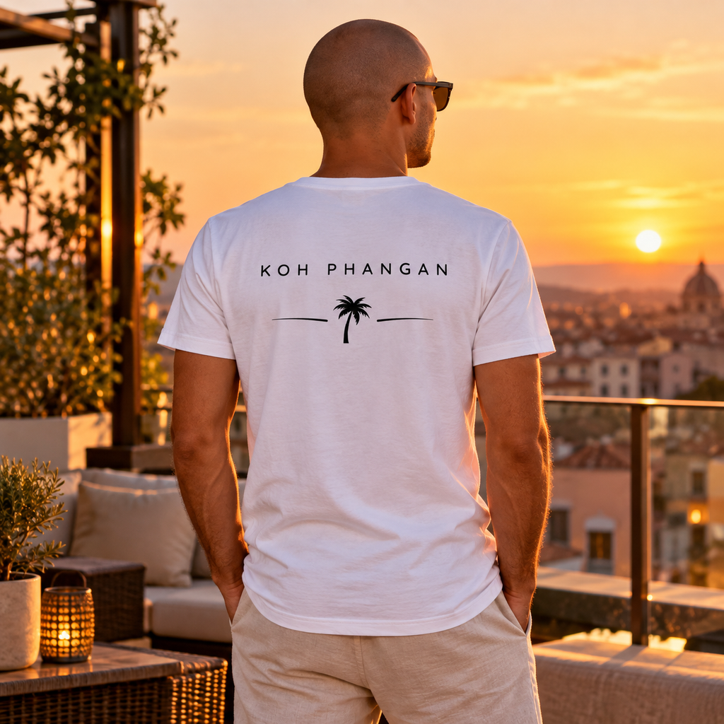 Weißes Herren Bio V-Neck Shirt mit Koh-Phangan-Backprint auf einer Hotelterrasse
