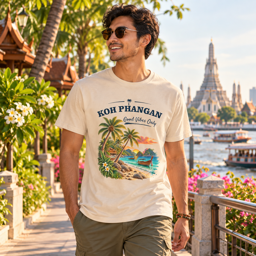 Essential T-Shirt in Natur mit Koh Phangan Good Vibes Only Frontprint auf einem thailändischen Marktweg