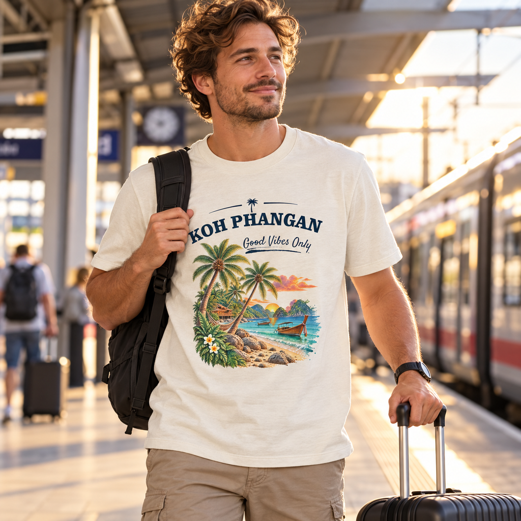 Bio Heavy T-Shirt in Natural Raw mit Koh Phangan Good Vibes Only Frontprint am Bahnhof