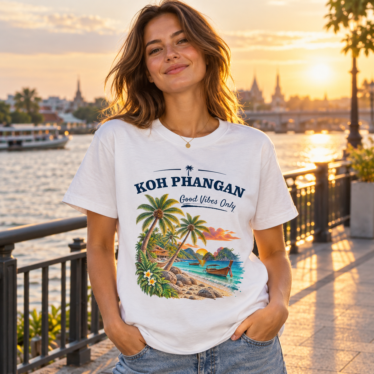 Bio Heavy T-Shirt in Weiß mit Koh Phangan Good Vibes Only Frontprint an einer Stadtpromenade