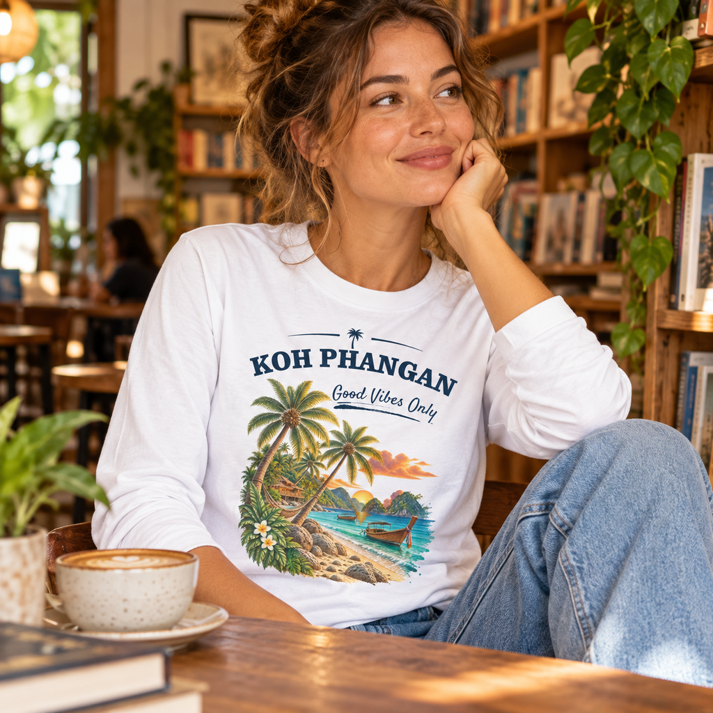 Bio Longsleeve in Weiß mit Koh Phangan Good Vibes Only Frontprint im Buchcafé