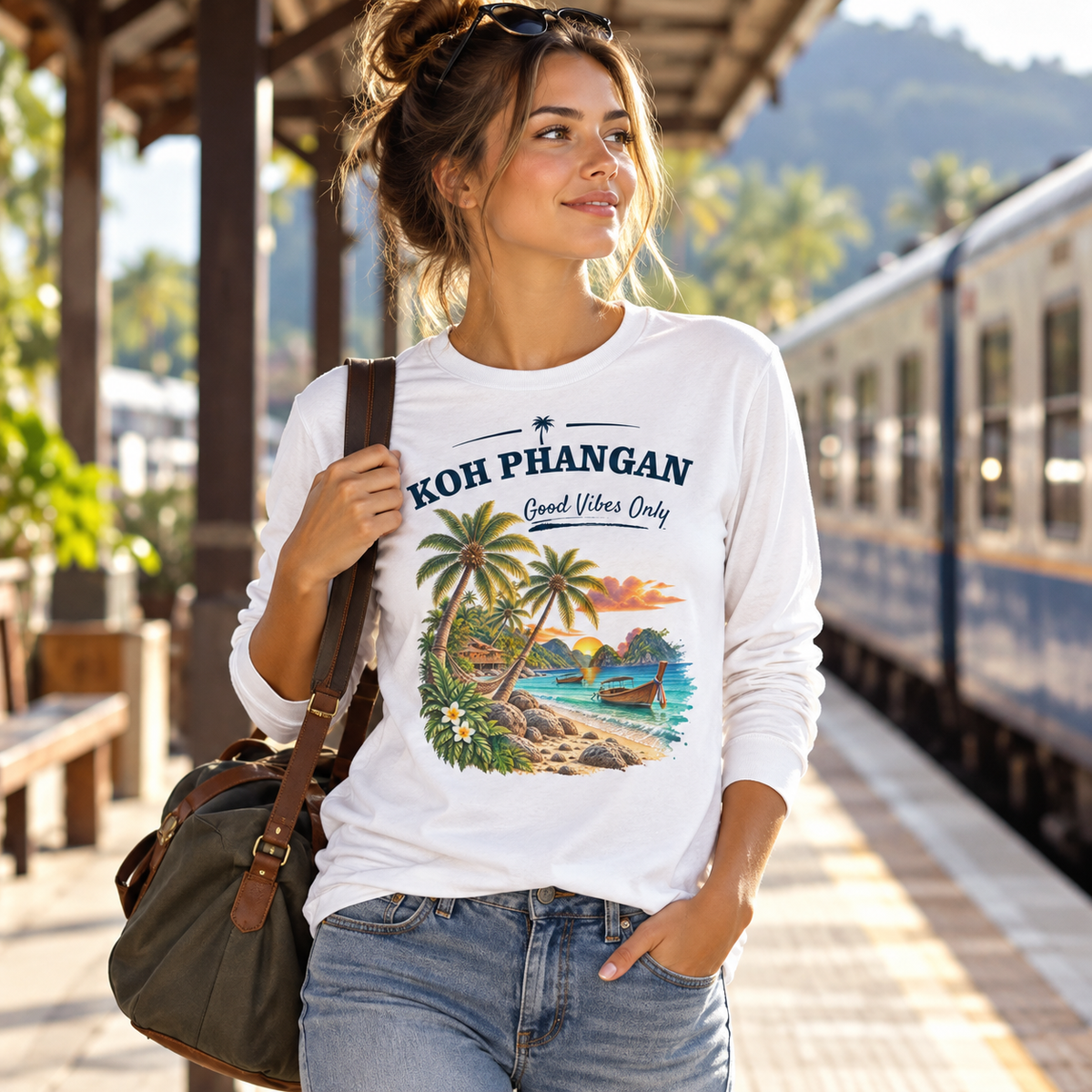 Damen Bio Longsleeve in Weiß mit Koh Phangan Good Vibes Only Frontprint vor einer Wochenendreise