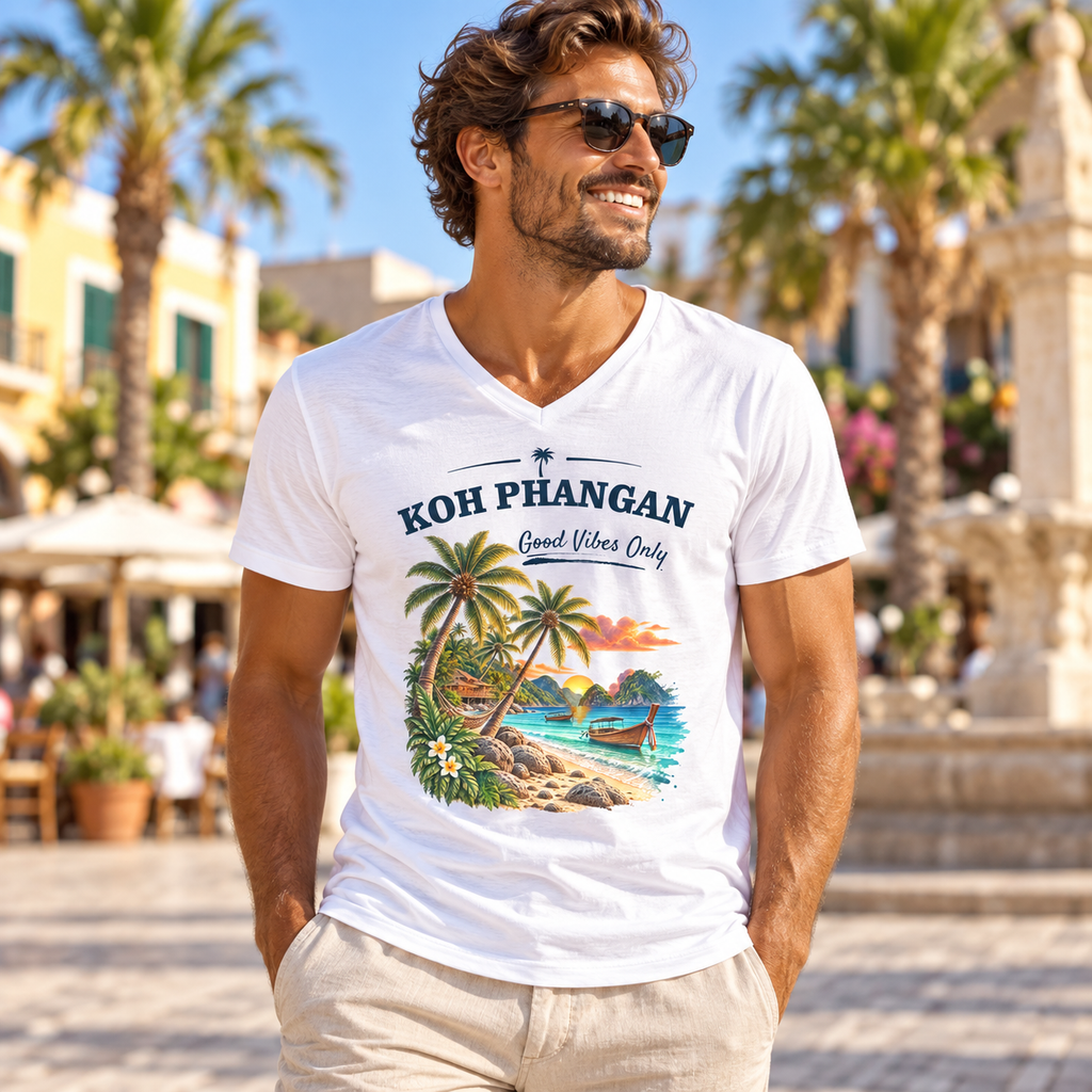 Herren Bio V-Neck T-Shirt in Weiß mit Koh Phangan Good Vibes Only Frontprint auf einem Stadtplatz