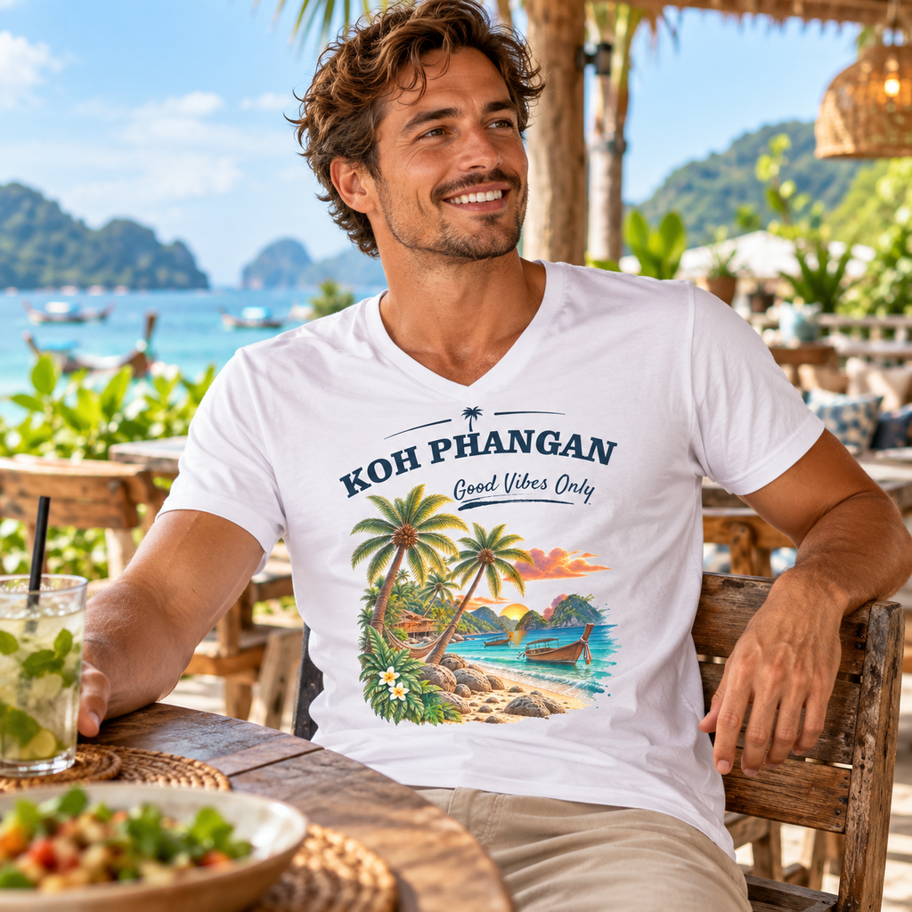 Herren Bio V-Neck T-Shirt in Weiß mit Koh Phangan Good Vibes Only Frontprint auf einer Restaurantterrasse