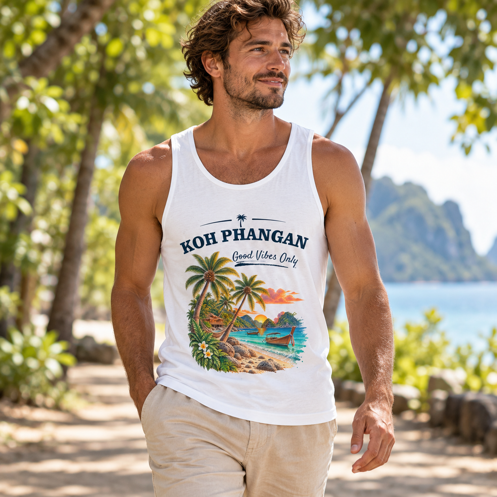 Bio Tank Top in Weiß mit Koh Phangan Good Vibes Only Frontprint beim Parkspaziergang