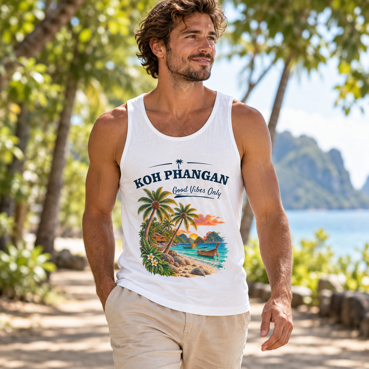 Bio Tank Top in Weiß mit Koh Phangan Good Vibes Only Frontprint beim Parkspaziergang