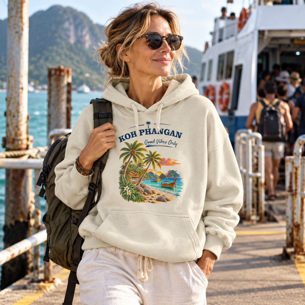 Koh Phangan Good Vibes Only – Bio Oversize Hoodie – Frontprint – Lifestylebild 2 in thailändischer Reise- und Alltagsszene