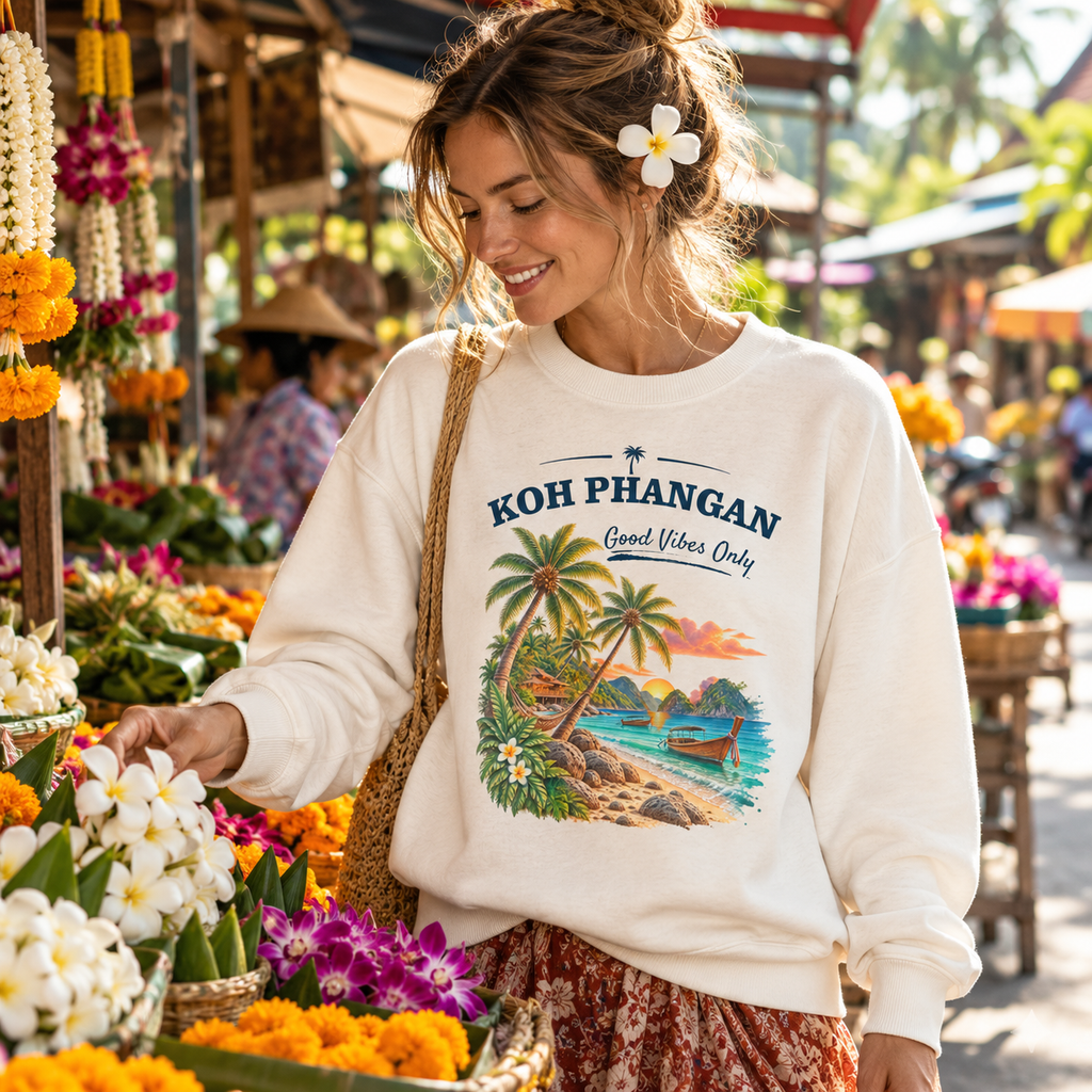 Koh Phangan Good Vibes Only – Bio Oversize Sweatshirt – Frontprint – Lifestylebild 2 in thailändischer Reise- und Alltagsszene