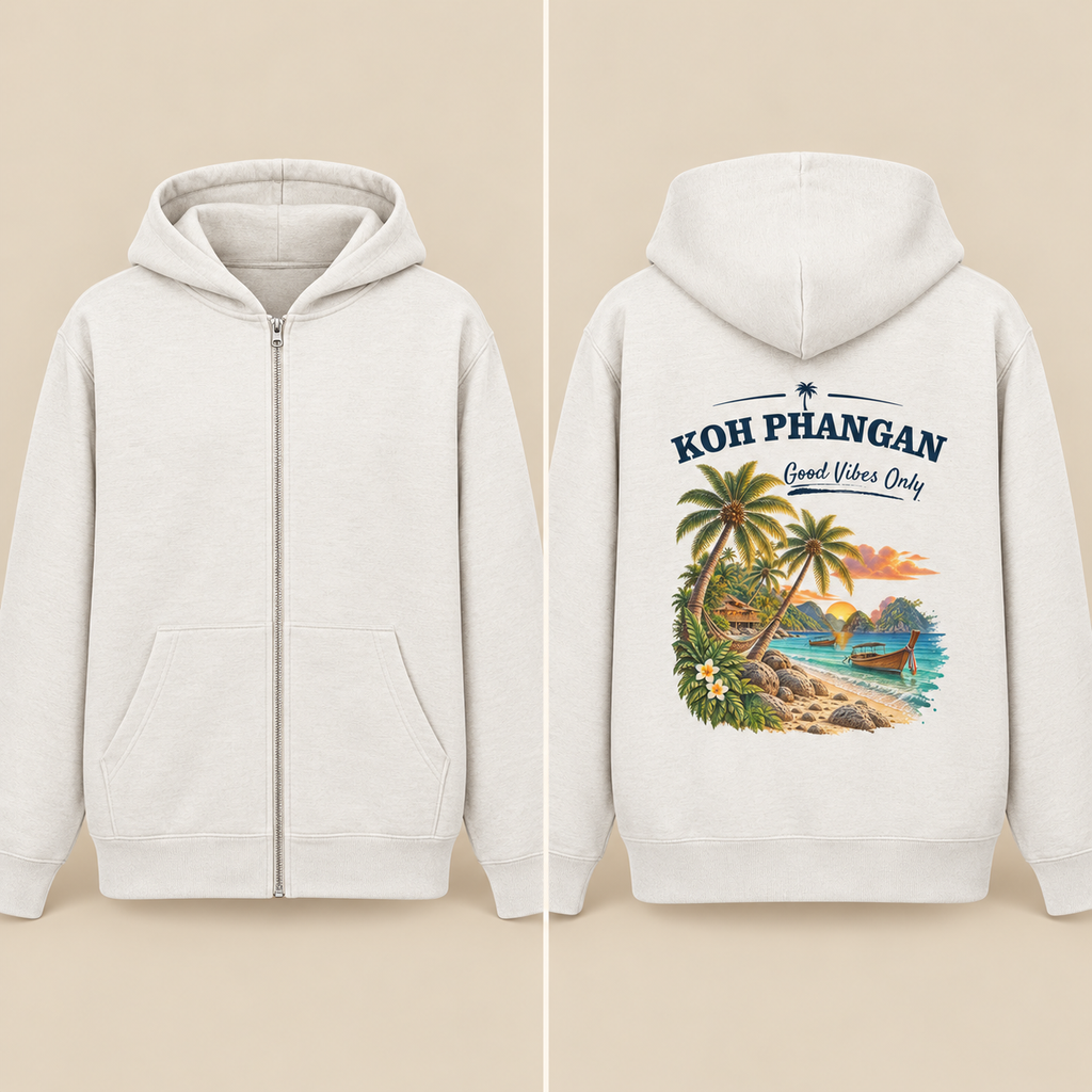 Koh Phangan Good Vibes Only – Bio Zipper – Backprint als geteilte Front- und Rückansicht: vorne Reißverschluss ohne Print, hinten Koh Phangan Good Vibes Only Backprint