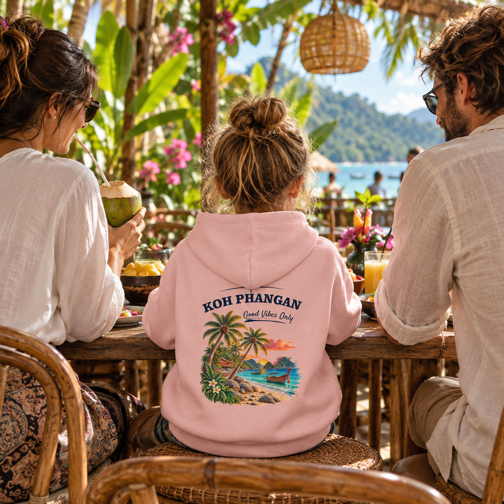 Koh Phangan Good Vibes Only – Kinder Bio Hoodie – Backprint – Lifestylebild 2 in thailändischer Reise- und Alltagsszene