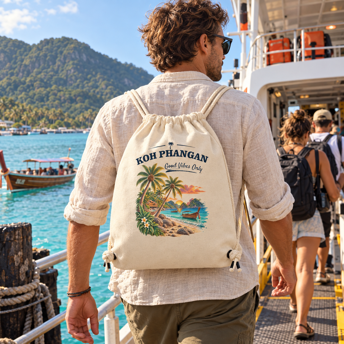 Koh Phangan Good Vibes Only – Bio Rucksack – Lifestylebild 1 in thailändischer Reise- und Alltagsszene