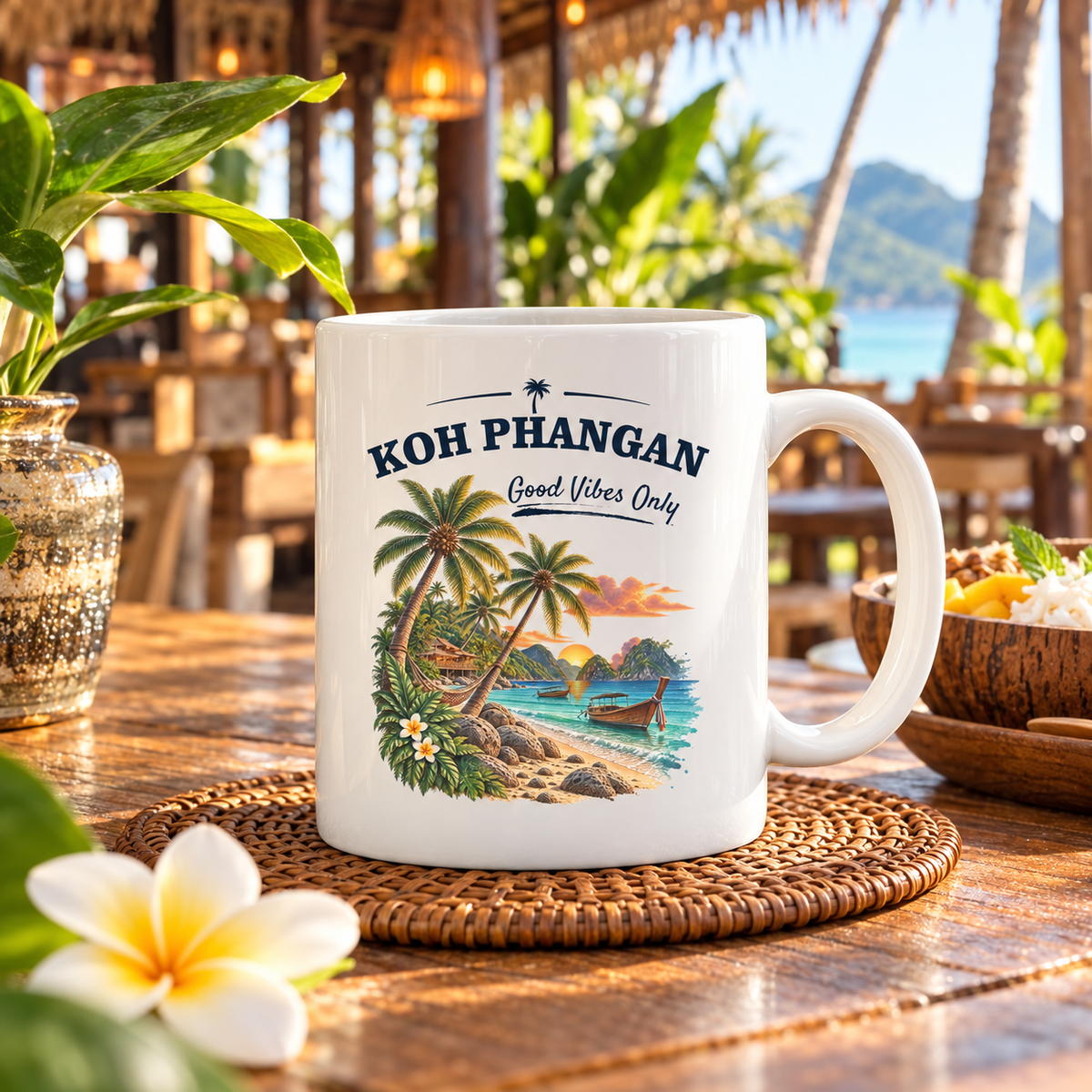 Koh Phangan Good Vibes Only – Tasse 330 ml – Lifestylebild 1 in thailändischer Reise- und Alltagsszene