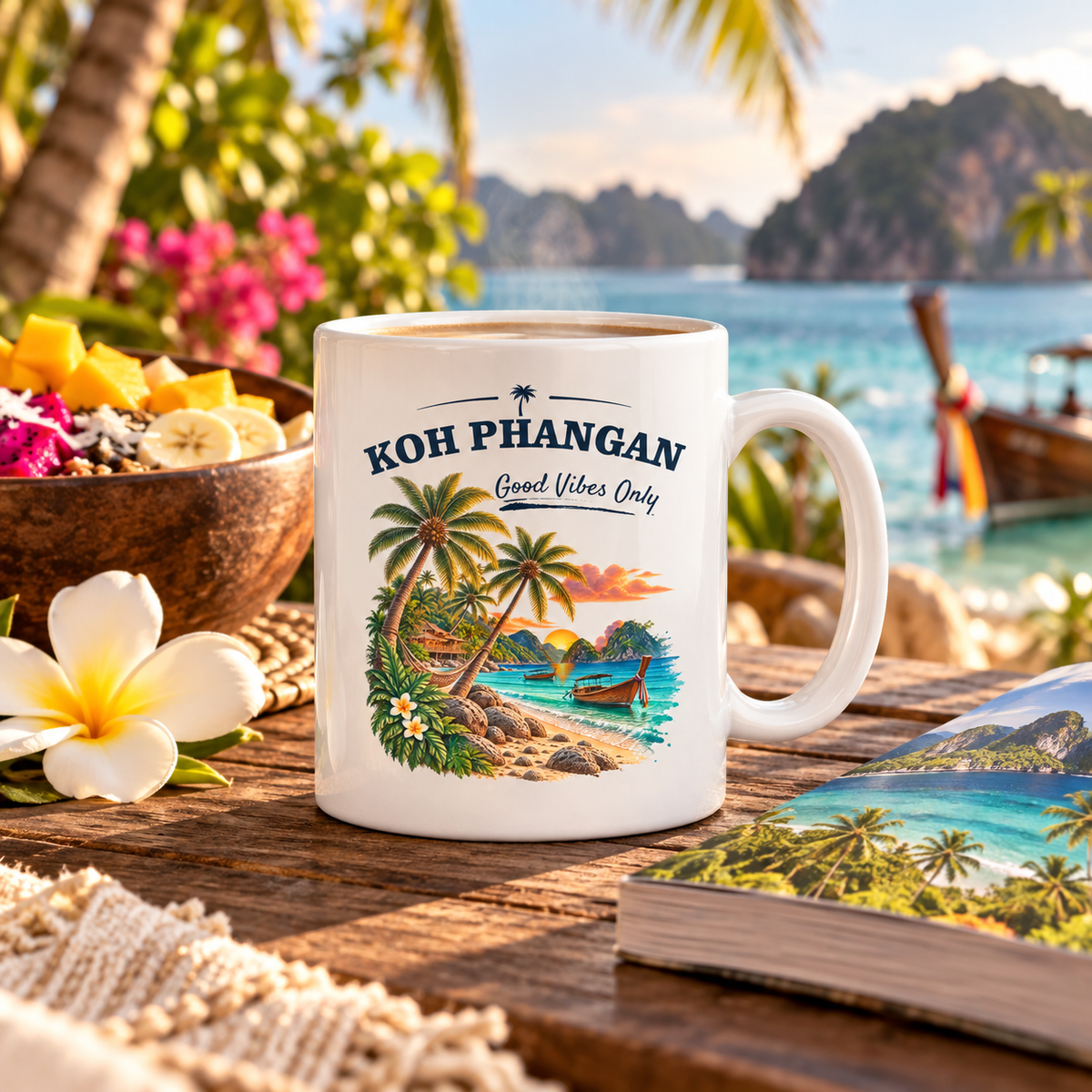 Koh Phangan Good Vibes Only – Tasse 330 ml – Lifestylebild 2 in thailändischer Reise- und Alltagsszene