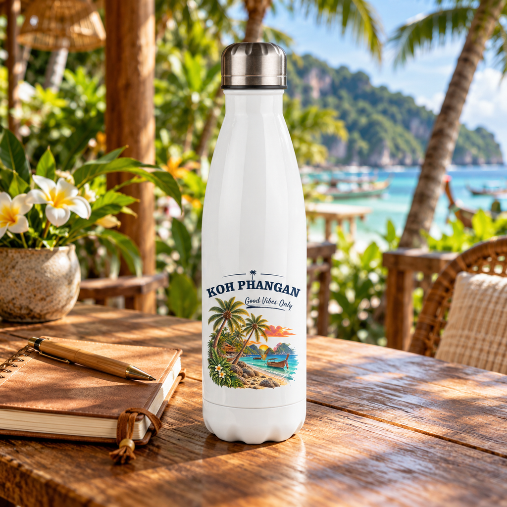 Koh Phangan Good Vibes Only – Thermoflasche 500 ml – Lifestylebild 1 in thailändischer Reise- und Alltagsszene