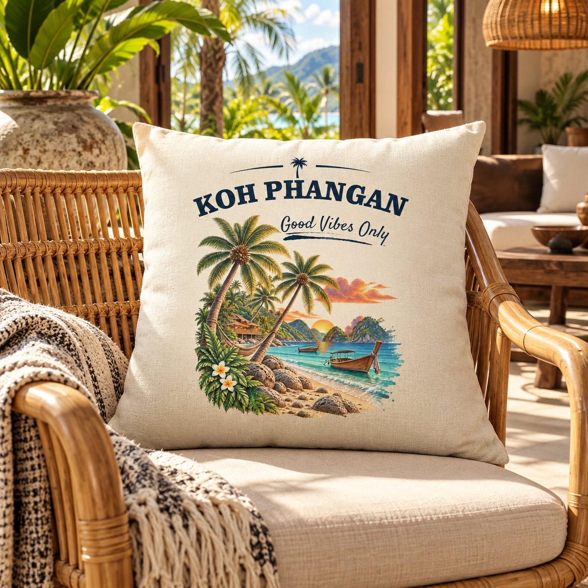 Koh Phangan Good Vibes Only – Kissen 40 × 40 cm – Lifestylebild 1 in thailändischer Reise- und Alltagsszene