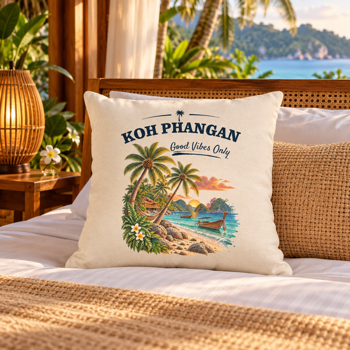 Koh Phangan Good Vibes Only – Kissen 40 × 40 cm – Lifestylebild 2 in thailändischer Reise- und Alltagsszene