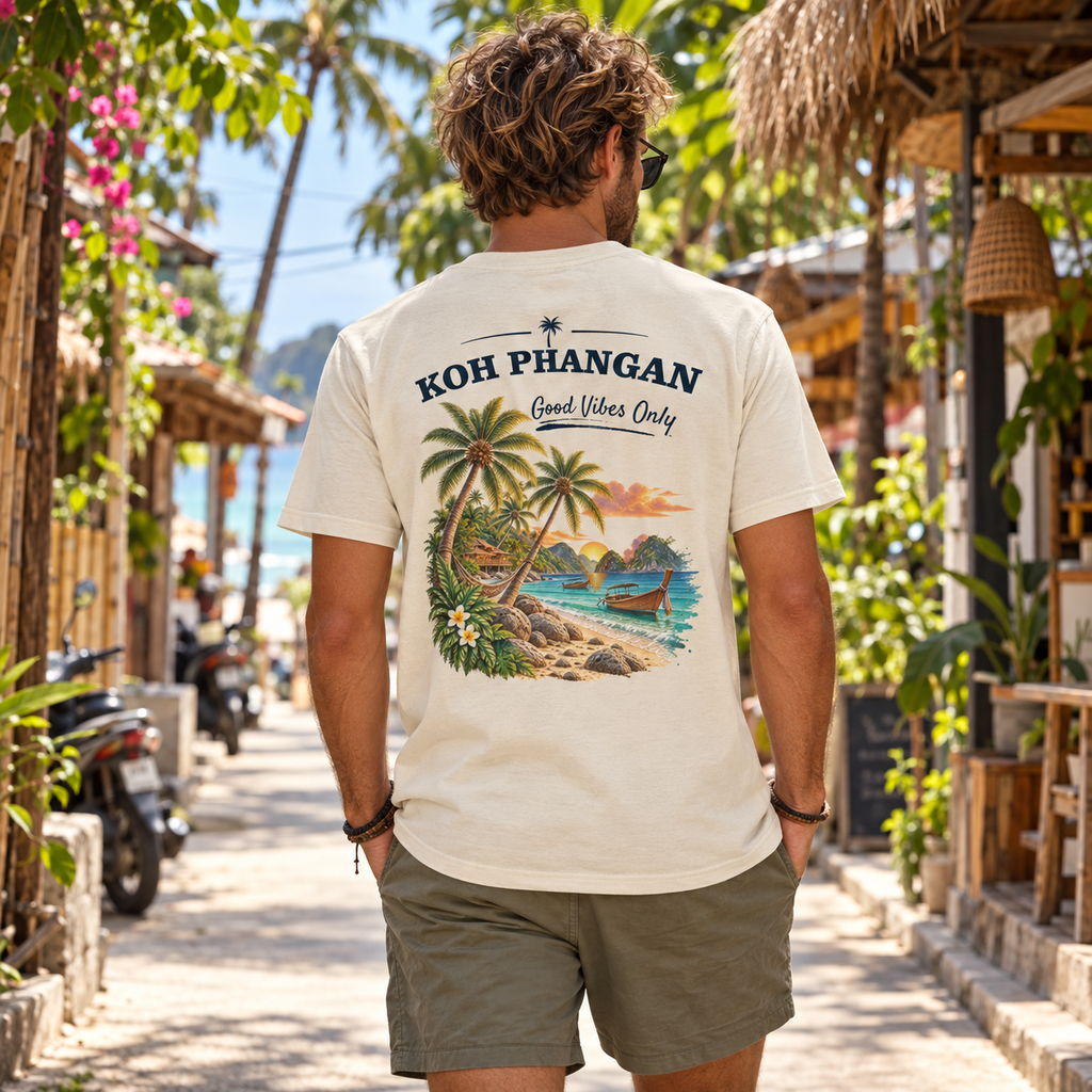 Koh Phangan Good Vibes Only – Bio T-Shirt – Backprint – Lifestylebild 2 in thailändischer Reise- und Alltagsszene