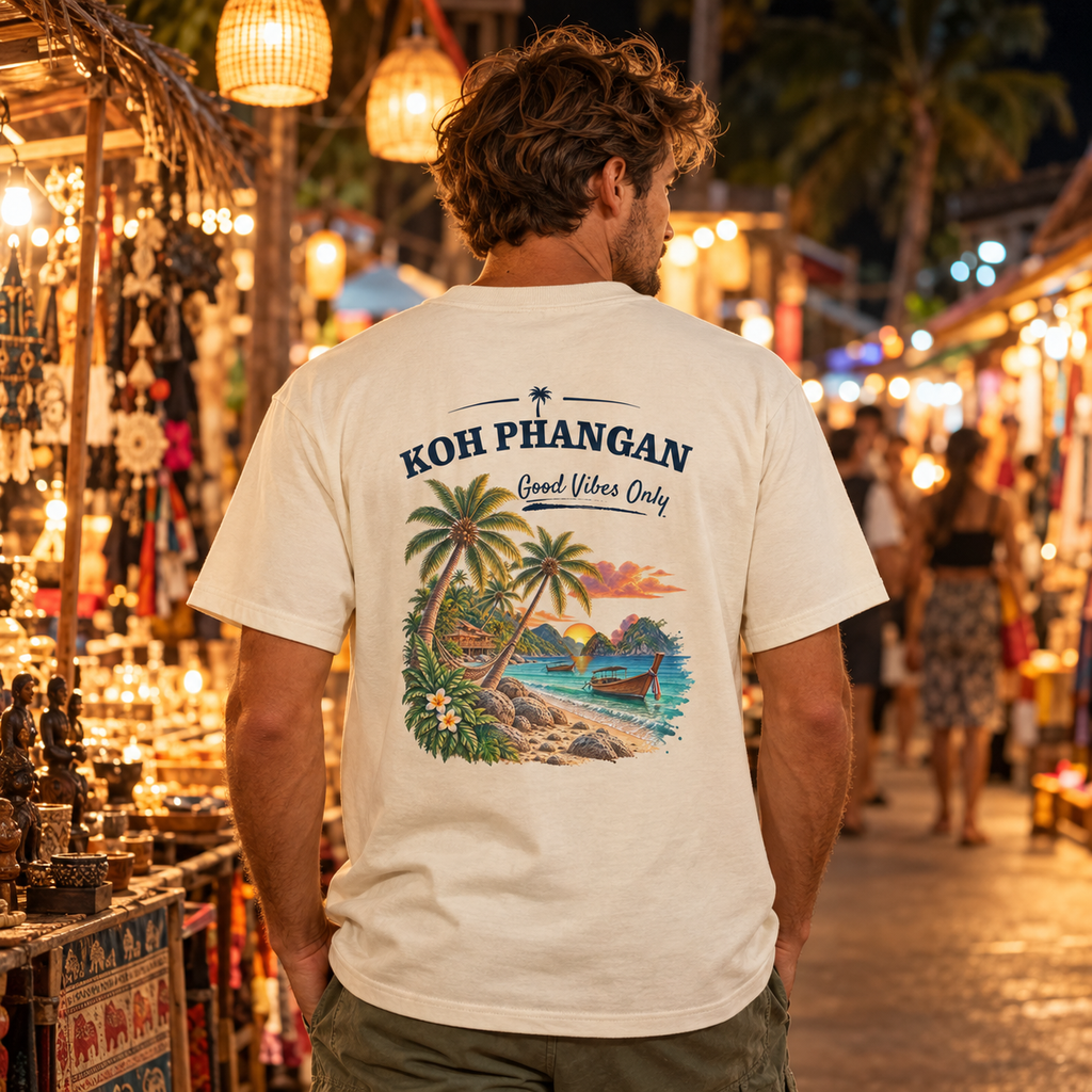 Koh Phangan Good Vibes Only – Essential T-Shirt – Backprint – Lifestylebild 1 in thailändischer Reise- und Alltagsszene