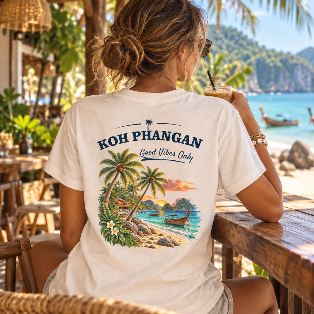 Koh Phangan Good Vibes Only – Essential T-Shirt – Backprint – Lifestylebild 2 in thailändischer Reise- und Alltagsszene