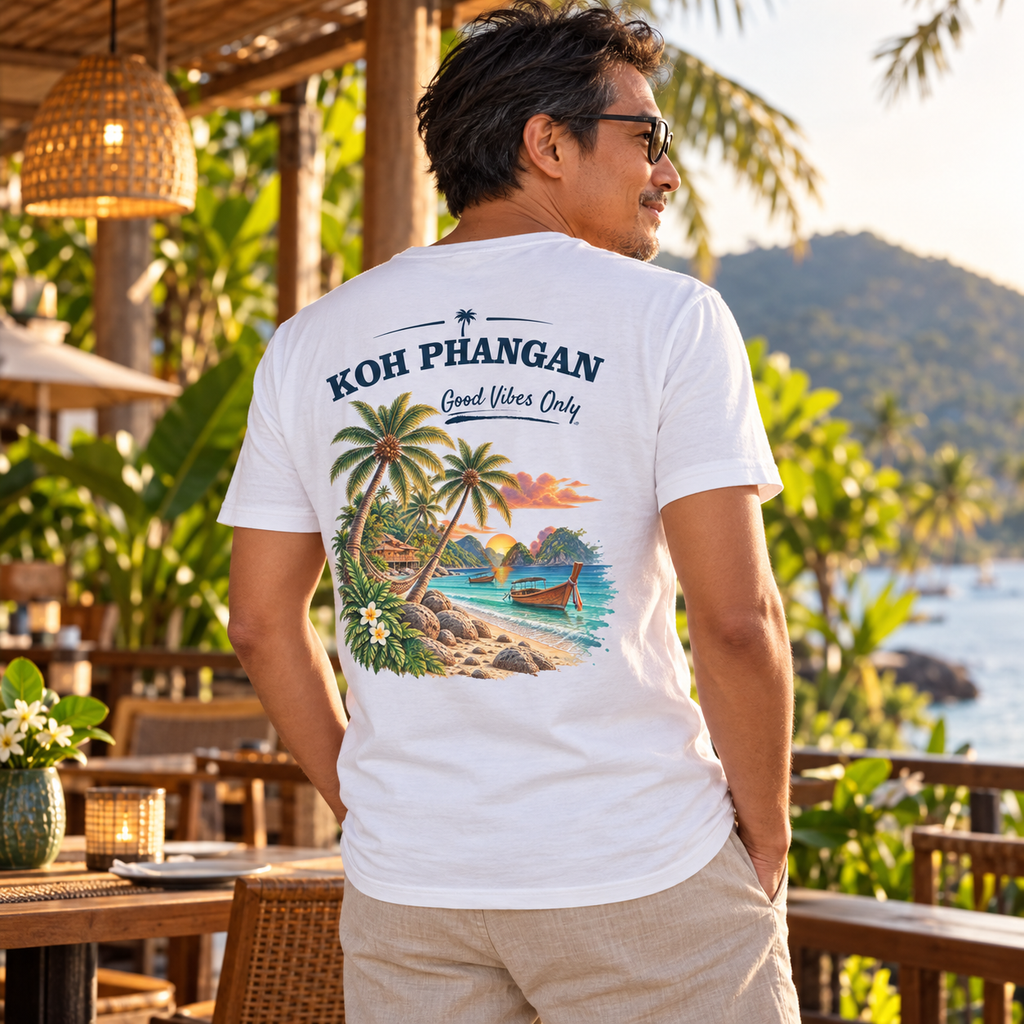 Herren Bio V-Neck T-Shirt mit Koh Phangan Good Vibes Only Backprint in thailändische Uferpromenade