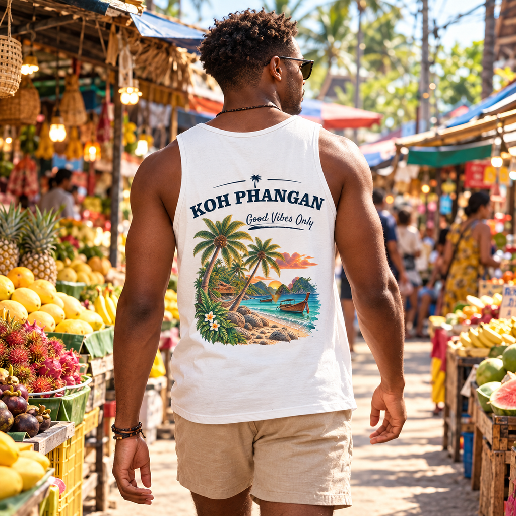 Bio Tank Top mit Koh Phangan Good Vibes Only Backprint in tropischer Obstmarkt