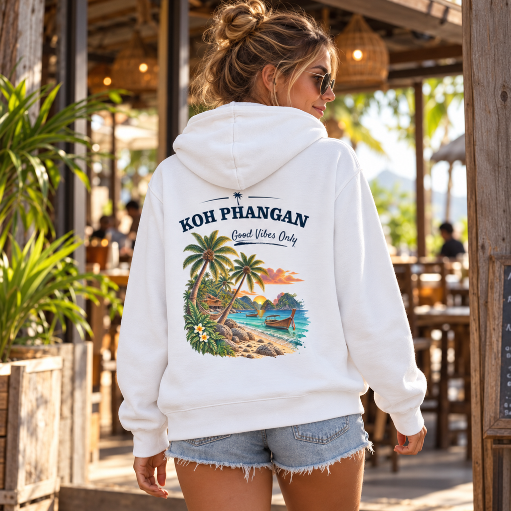 Bio Hoodie mit Koh Phangan Good Vibes Only Backprint in einer tropischen Reiseszene