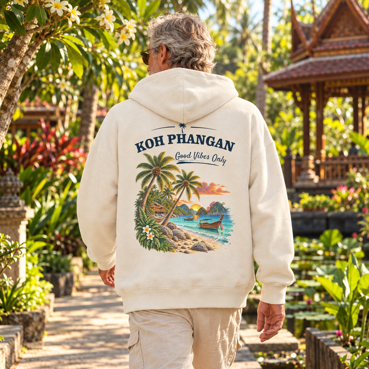 Bio Oversize Hoodie mit Koh Phangan Good Vibes Only Backprint in tropischer Gartenweg