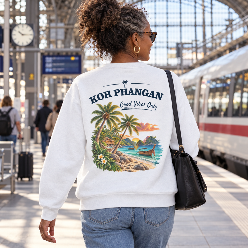 Bio Unisex Sweatshirt mit Koh Phangan Good Vibes Only Backprint in Bahnhof und Reisegepäck