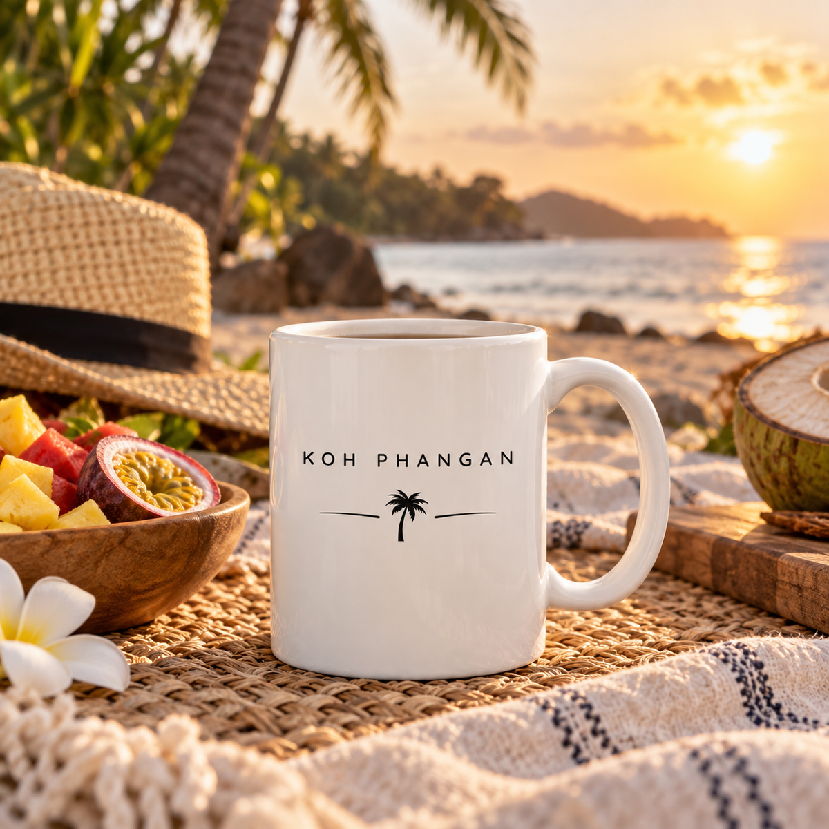 Koh Phangan Minimal Palm Keramiktasse bei einem entspannten Frühstück mit Meerblick