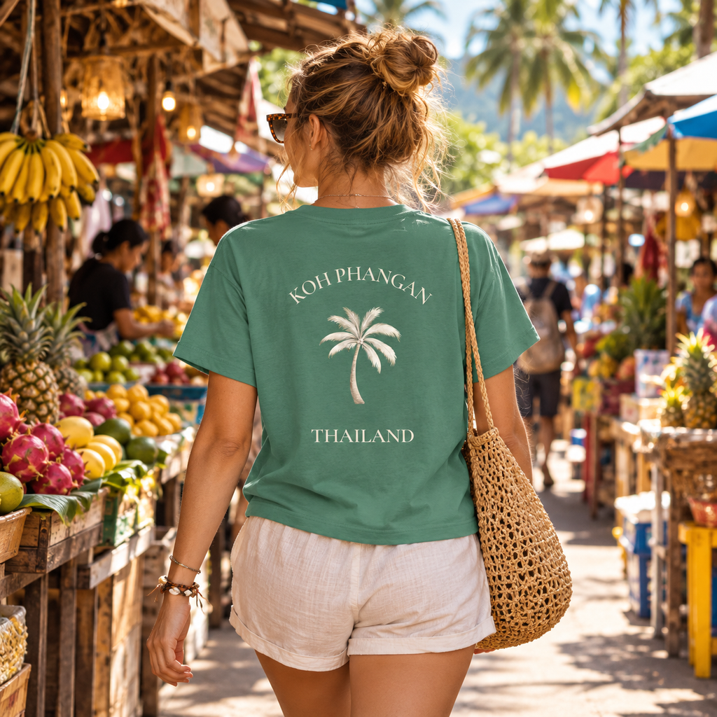 Damen Bio T-Shirt mit Koh Phangan Mini Palm Backprint auf einem thailändischen Obstmarkt