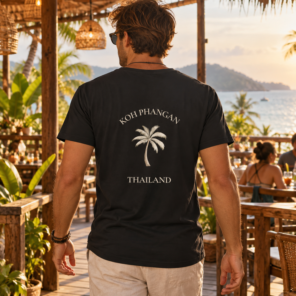 Herren Bio V-Neck Shirt mit Koh Phangan Mini Palm Backprint auf einer offenen Restaurantterrasse in Thailand