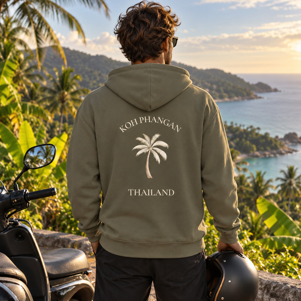 Bio Hoodie mit Koh Phangan Mini Palm Backprint bei einem Rollerausflug auf Koh Phangan