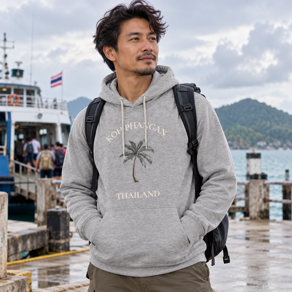 Grauer Unisex Bio Hoodie mit Koh Phangan Mini Palm Frontprint am thailändischen Fähranleger