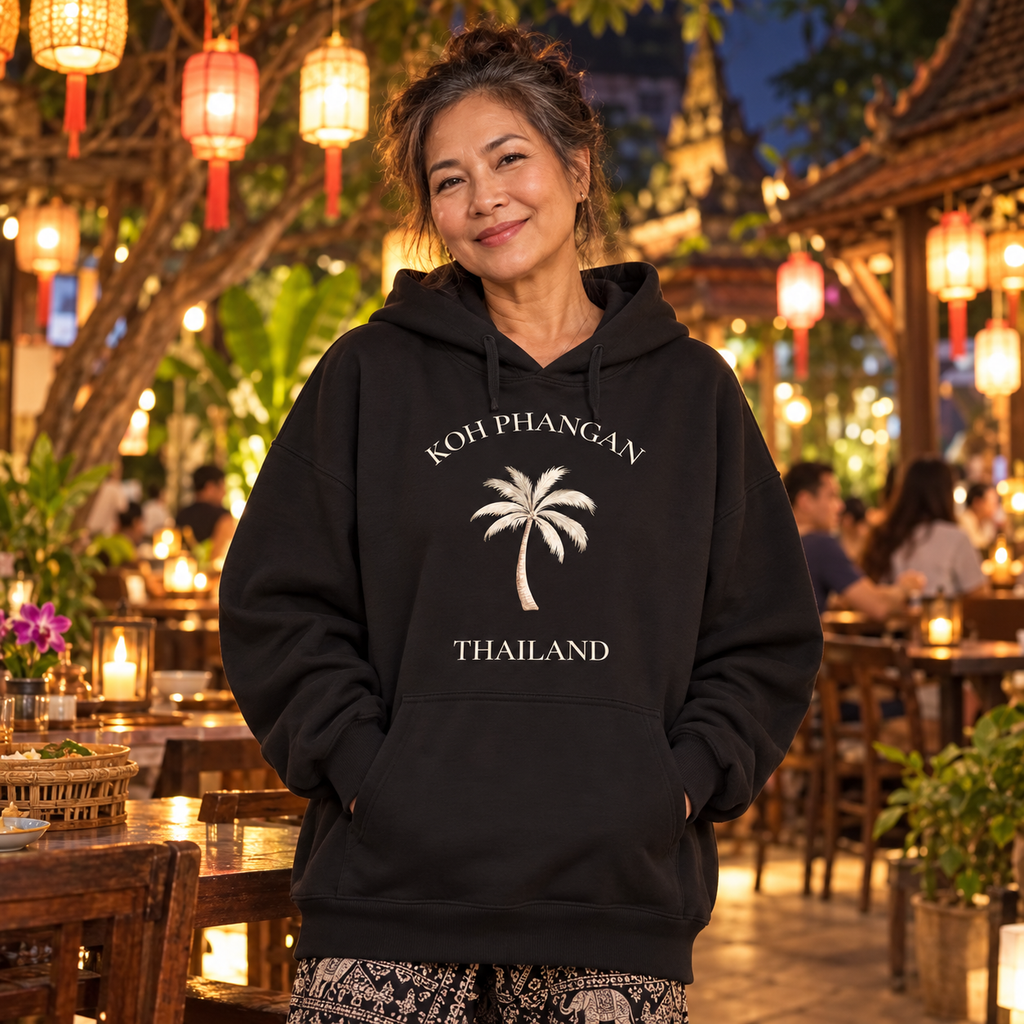 Frau im schwarzen Bio Oversize Hoodie mit Koh Phangan Mini Palm Frontprint in einem Restaurant in Chiang Mai