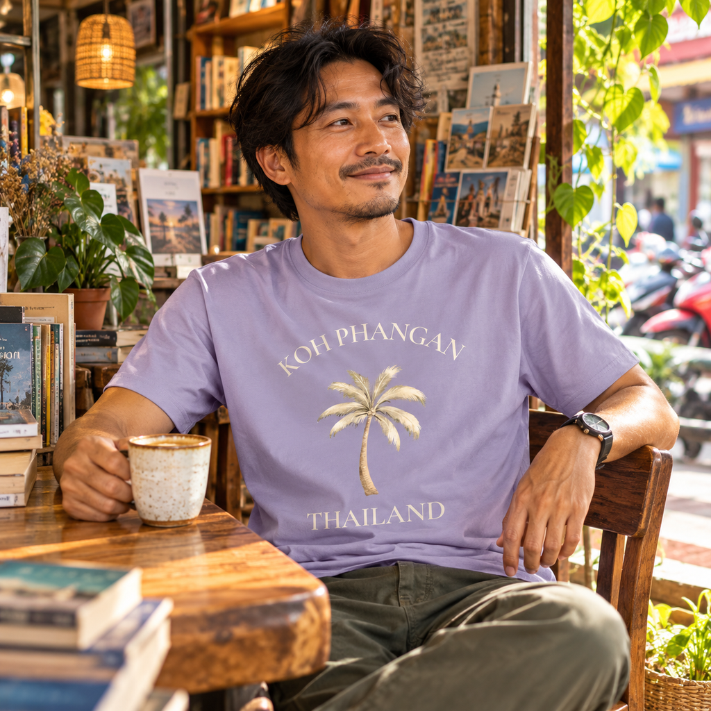 Lavendelfarbenes Unisex Bio T-Shirt mit Koh Phangan Palmen-Frontprint im thailändischen Café