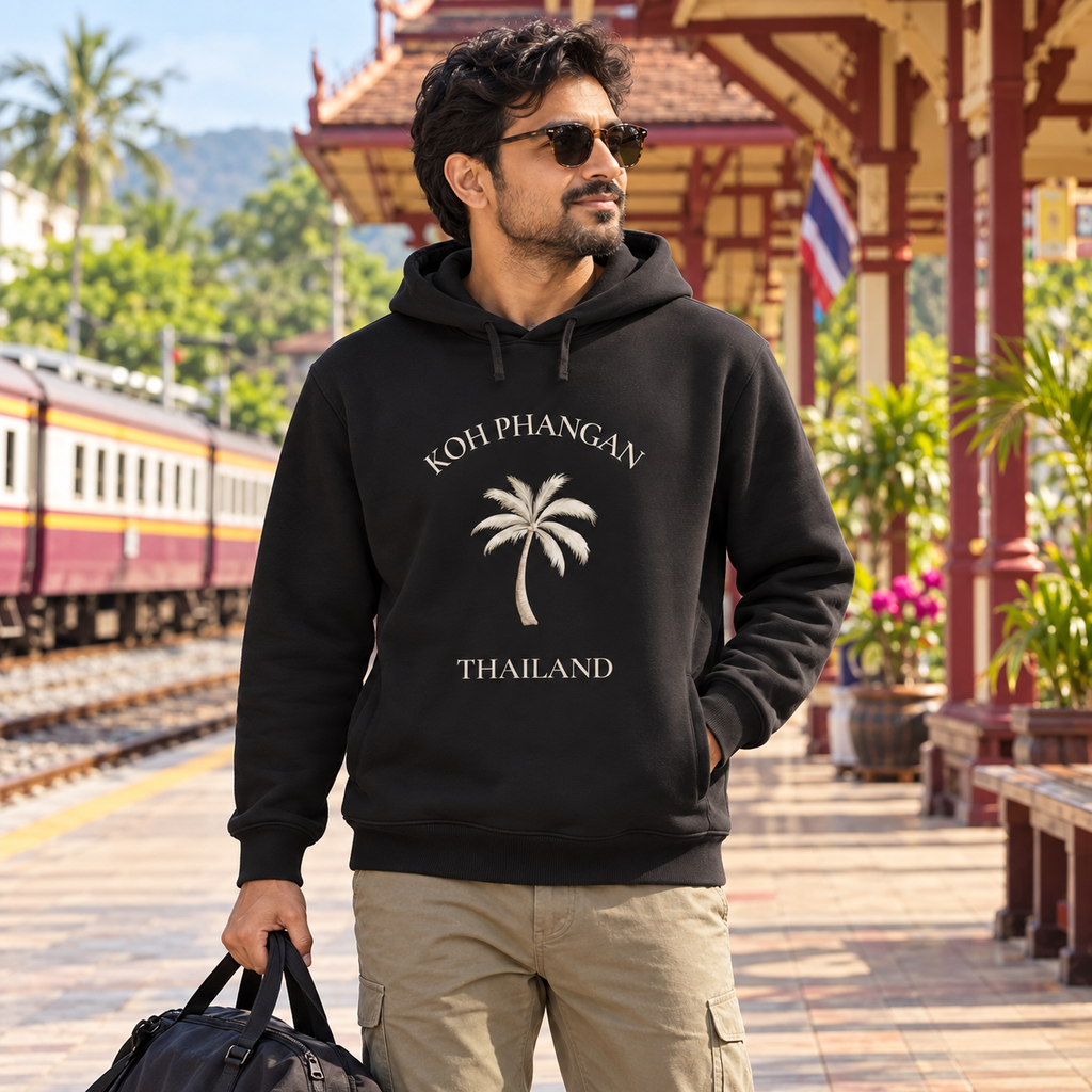Mann im schwarzen Bio Side Pocket Hoodie mit Koh Phangan Mini Palm Frontprint an einem thailändischen Bahnhof