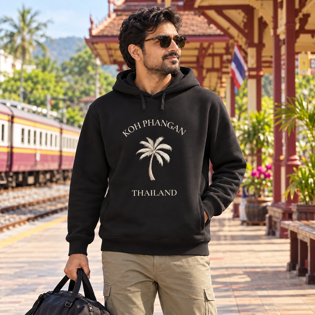 Mann im schwarzen Bio Side Pocket Hoodie mit Koh Phangan Mini Palm Frontprint an einem thailändischen Bahnhof