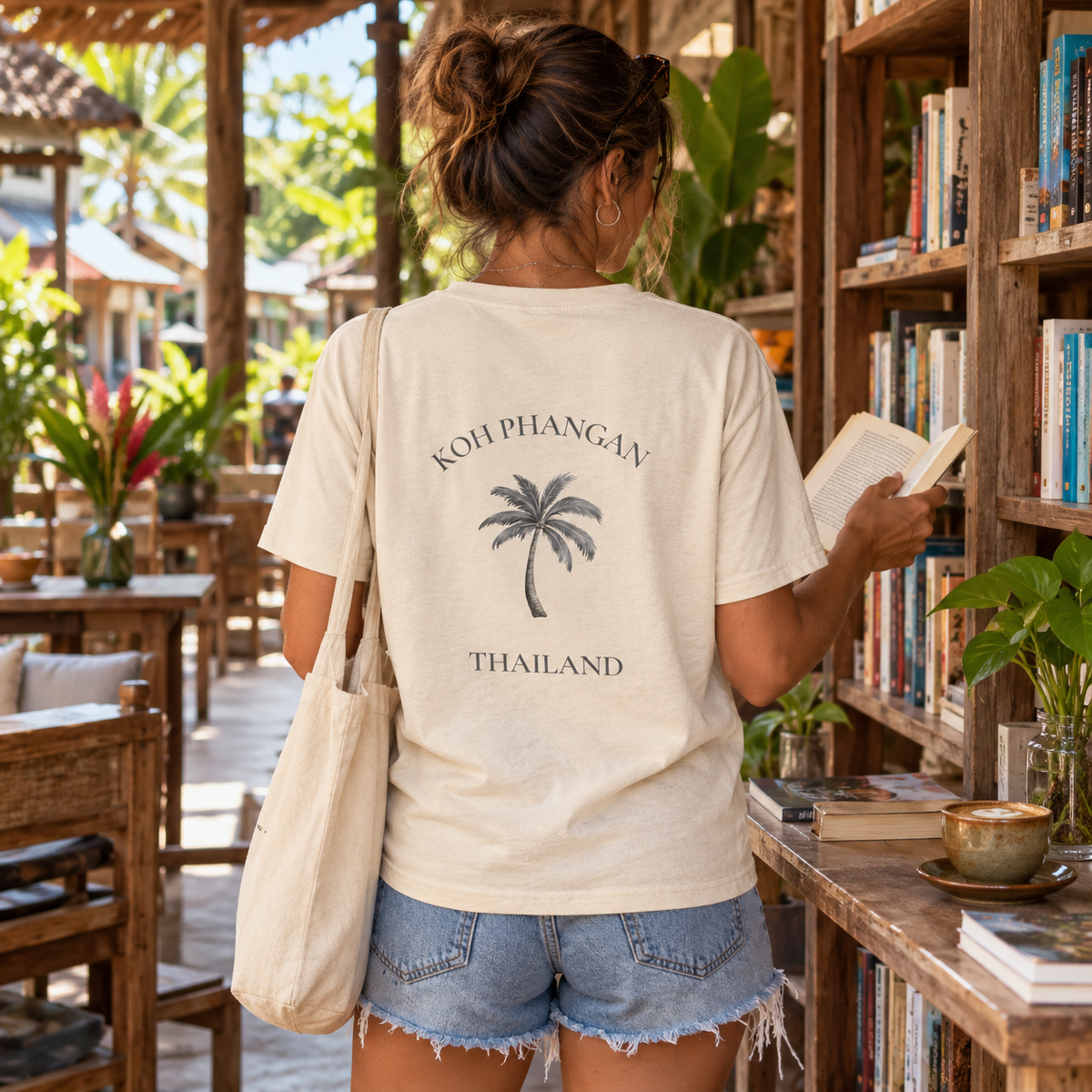 Frau im Natural Raw Bio T-Shirt mit Koh Phangan Mini Palm Backprint in einem thailändischen Büchercafé