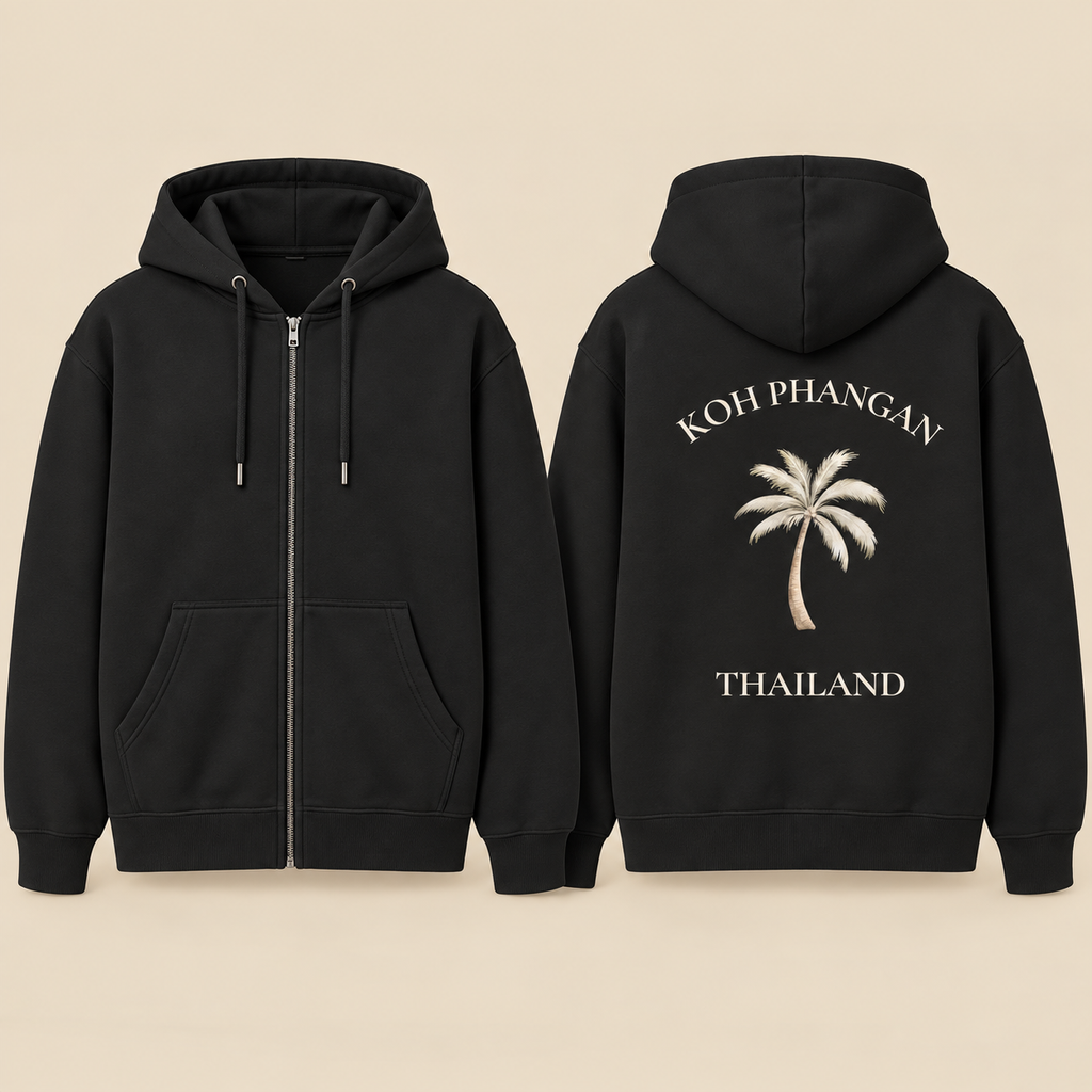 Schwarze Bio Zipper Kapuzenjacke: vorne ohne Print mit Reißverschluss, hinten Koh Phangan Mini Palm Motiv