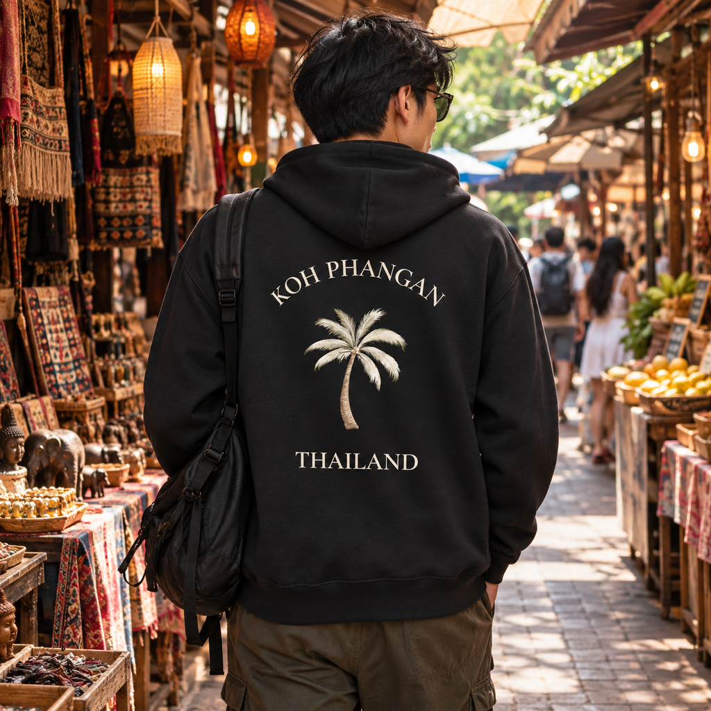 Mann mit schwarzer Bio Zipper Kapuzenjacke und Koh Phangan Mini Palm Backprint auf einem thailändischen Markt