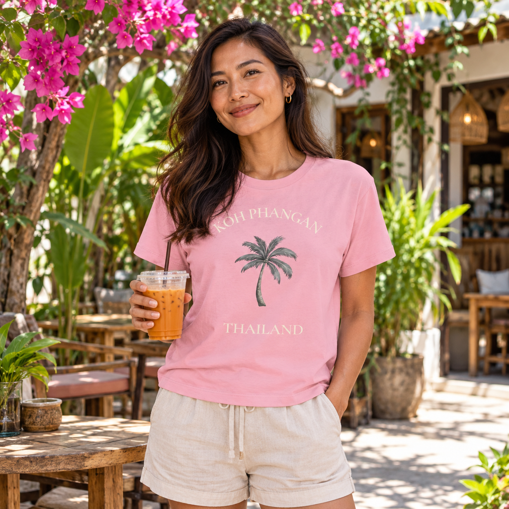 Damen Bio T-Shirt in Cotton Pink mit Koh Phangan Mini Palm Frontprint im tropischen thailändischen Café