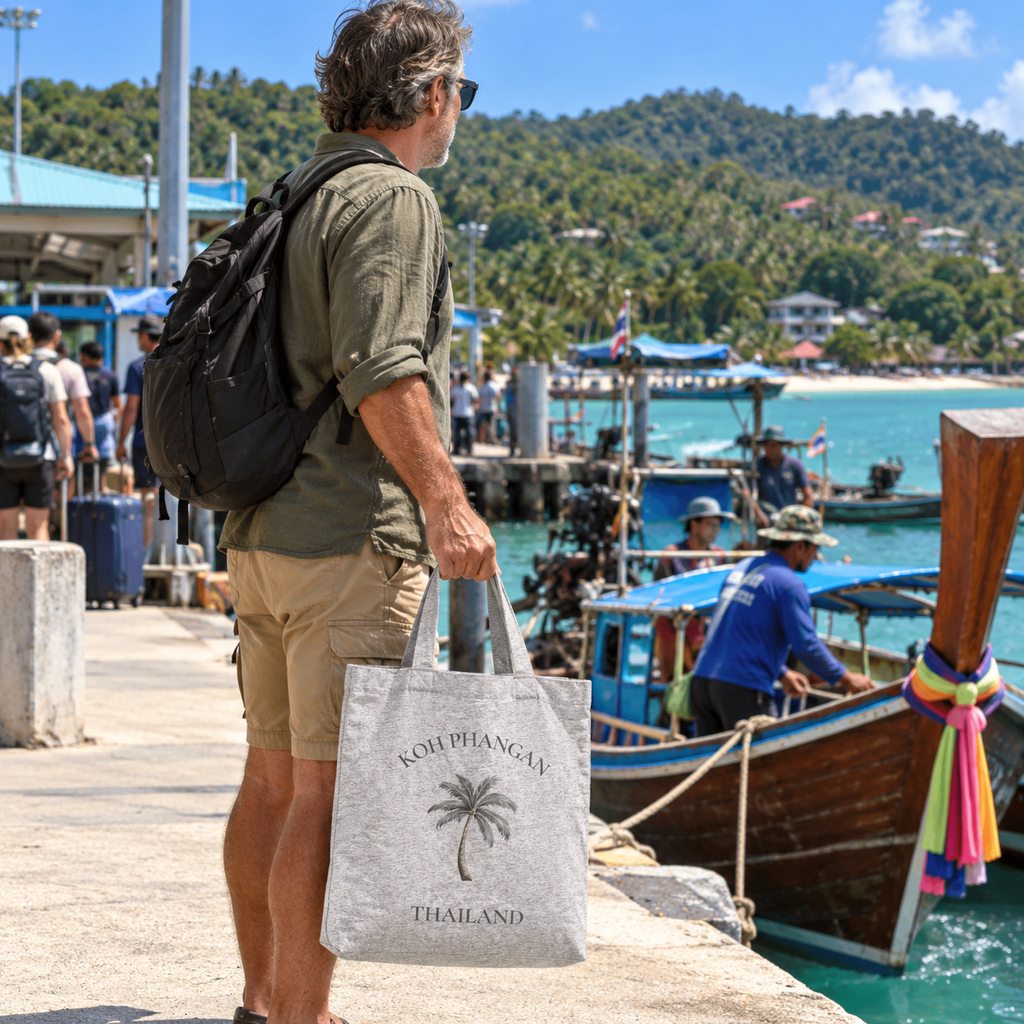 Heather Grey Einkaufstasche mit Koh Phangan Mini Palm Motiv am thailändischen Fähranleger