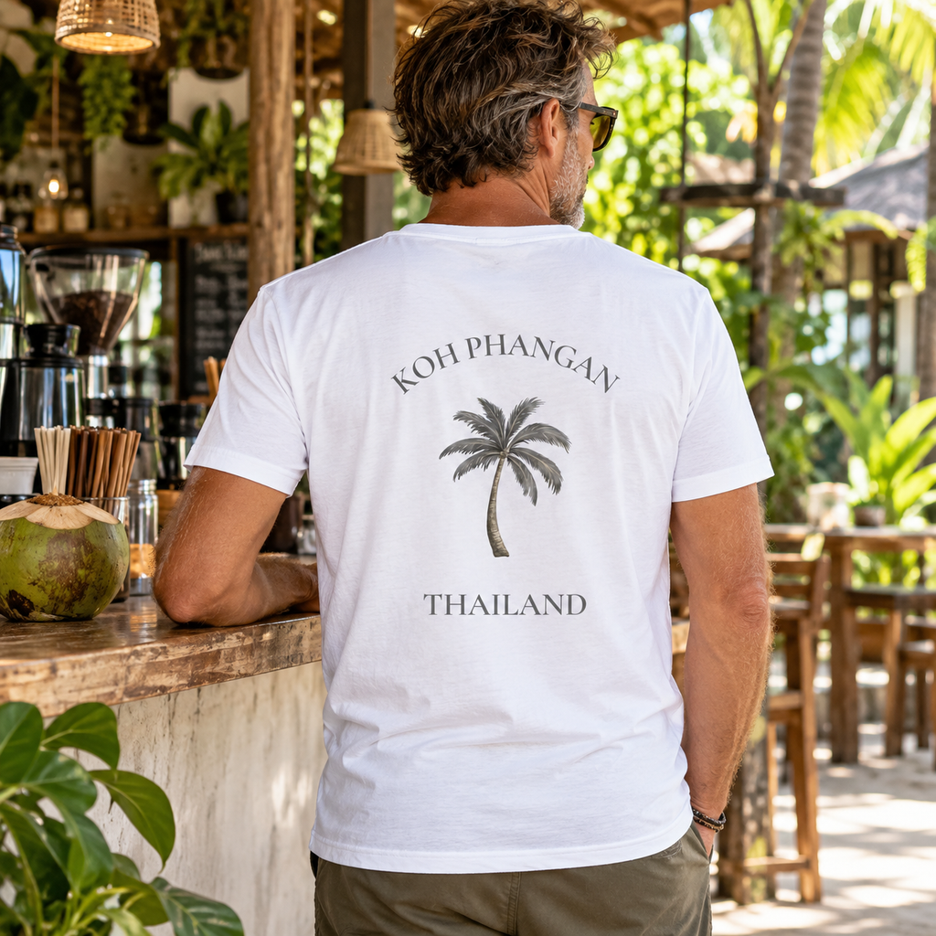 Herren Bio V-Neck Shirt mit Koh Phangan Mini Palm Rückenprint in einem thailändischen Café