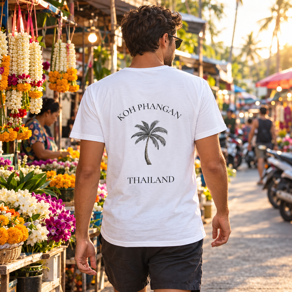 Herren Bio V-Neck Shirt mit Koh Phangan Mini Palm Rückenprint auf einem Blumenmarkt in Thailand