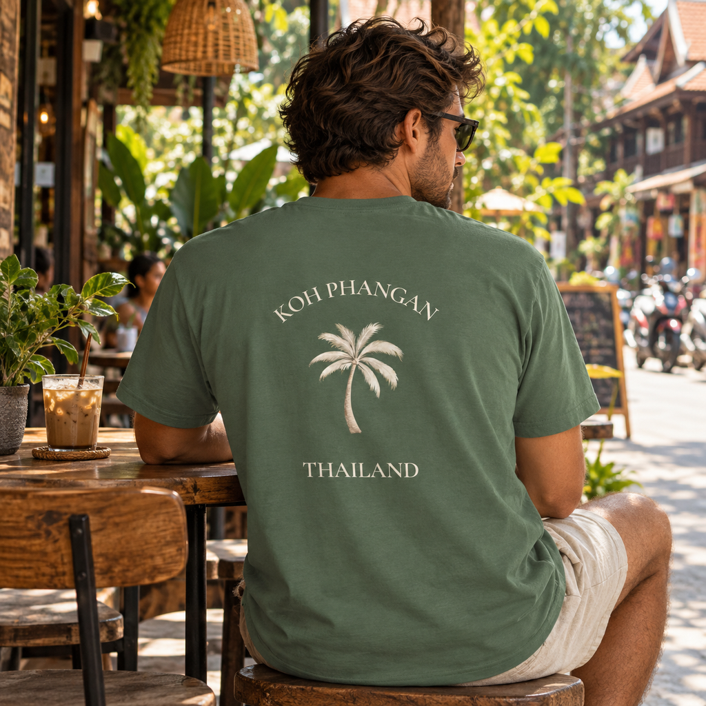 Heavy Cotton T-Shirt in Military Green mit Koh Phangan Mini Palm Backprint im thailändischen Straßencafé