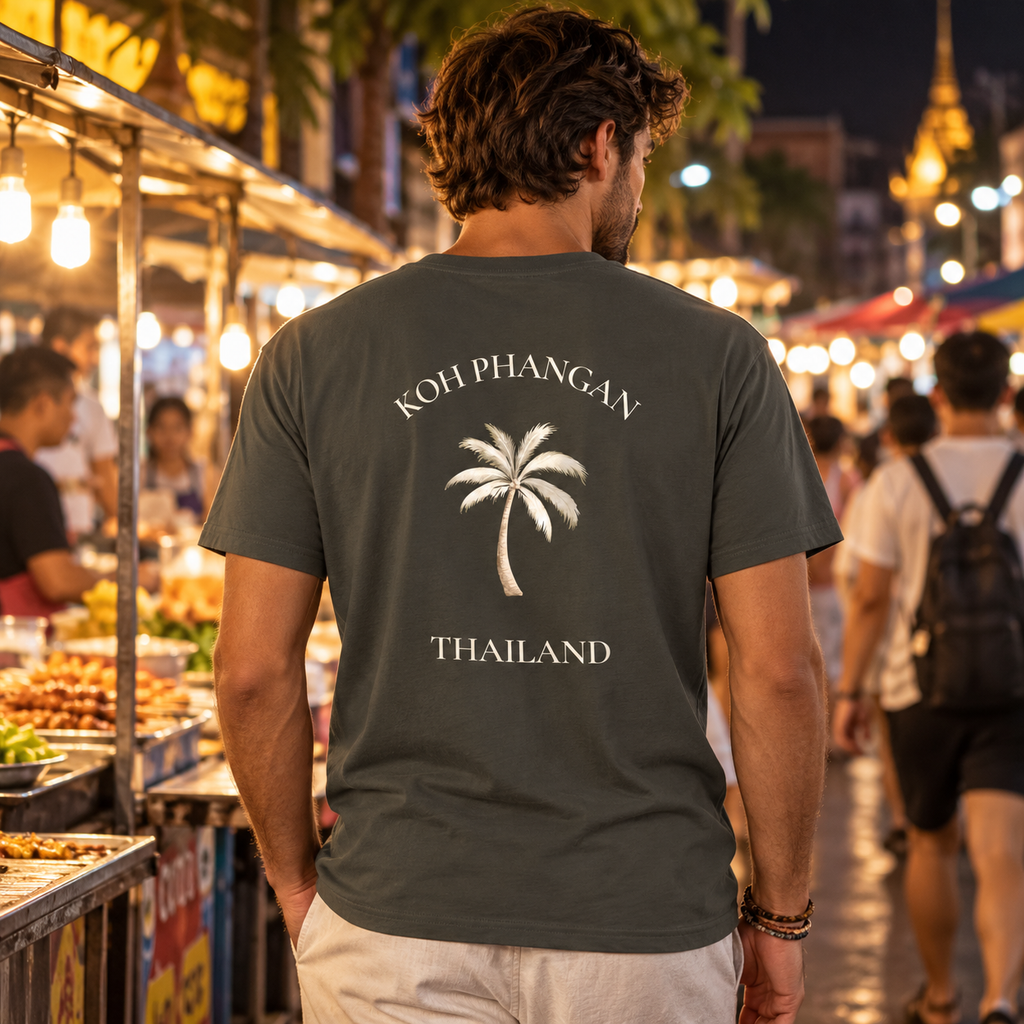 Bio T-Shirt in Anthrazit mit Koh Phangan Mini Palm Rückenprint auf einem thailändischen Nachtmarkt