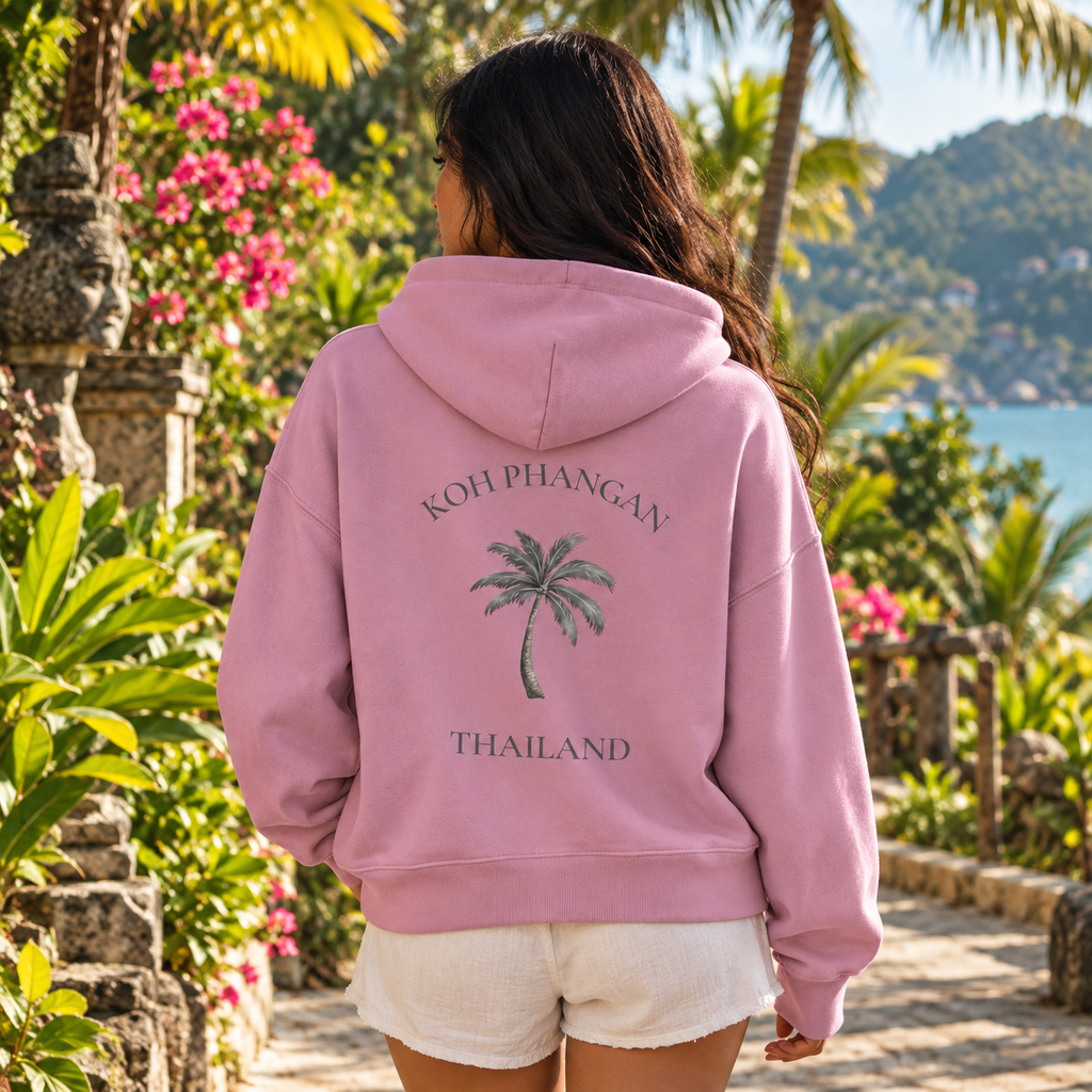 Damen Bio Boxcut Hoodie in Bubble Pink mit Koh Phangan Mini Palm Rückenmotiv in einem tropischen Garten